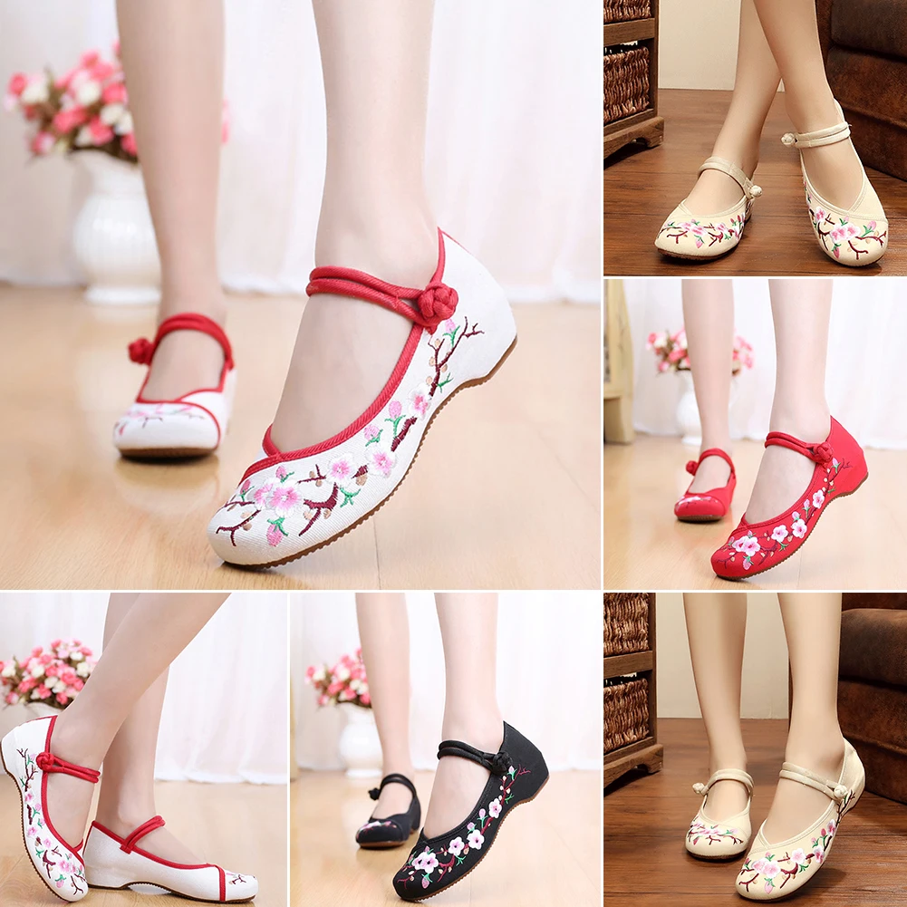 Винтажные женские холщовые лоферы на ремешке с китайской вышивкой повседневная