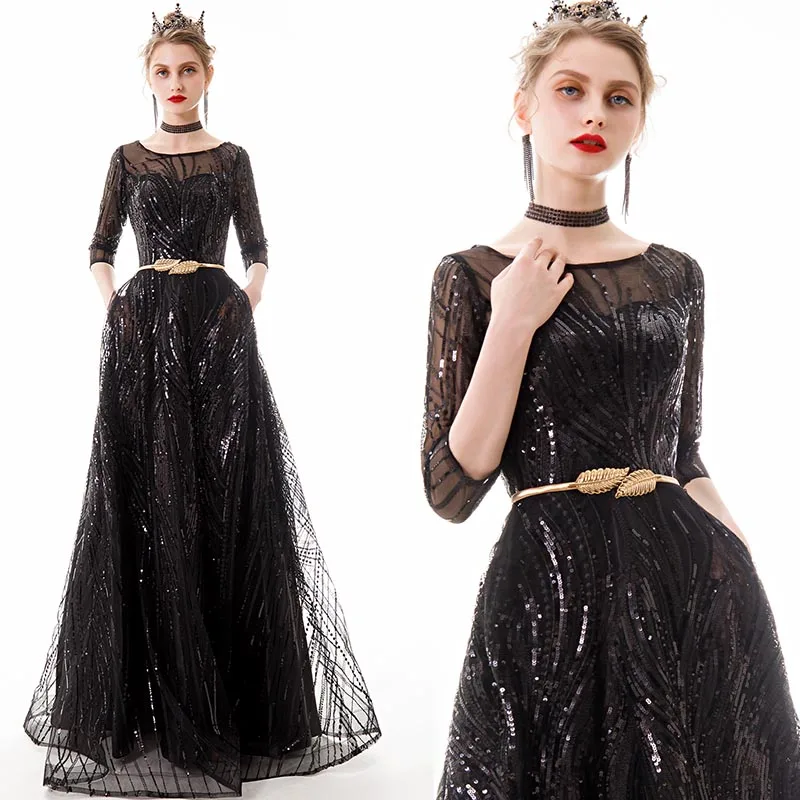 DEERVEADO Robe De Soiree, короткие рукава, Длинные вечерние платья с поясом, с блестками, торжественное платье для женщин, Платья для вечеринок YS449 - Цвет: Черный