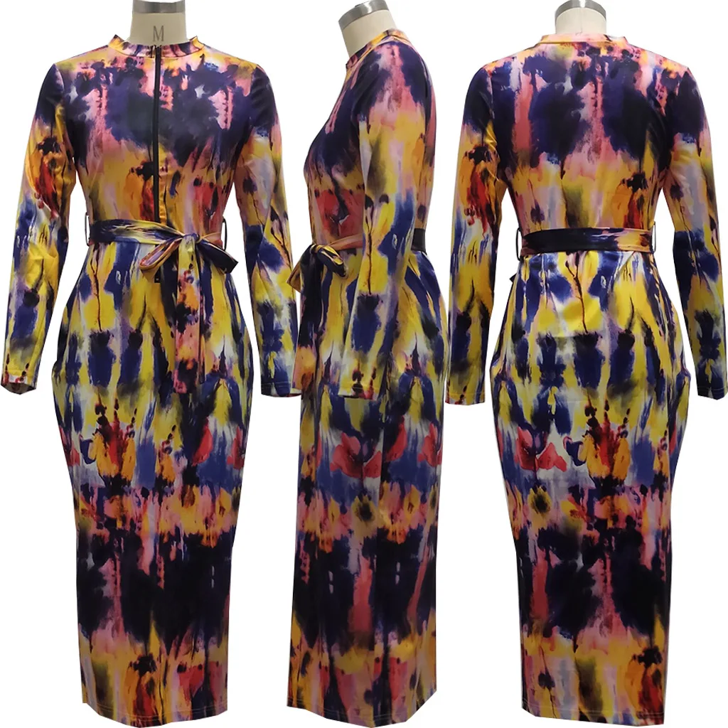 

Women Deep V Neck Long Sleeve Wrap Dress Fashion Zipper Front Body-shaping Maxi Dresses Autumn Tie Dyeing Print Sheath Vestido