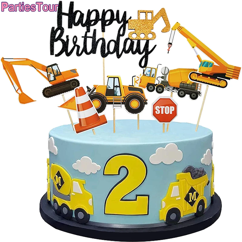 

Construction Theme Cake Decoration Happy Birthday Cake Topper Traffic Roadblock Sign Street Playset Excavator Bulldozer Supplies