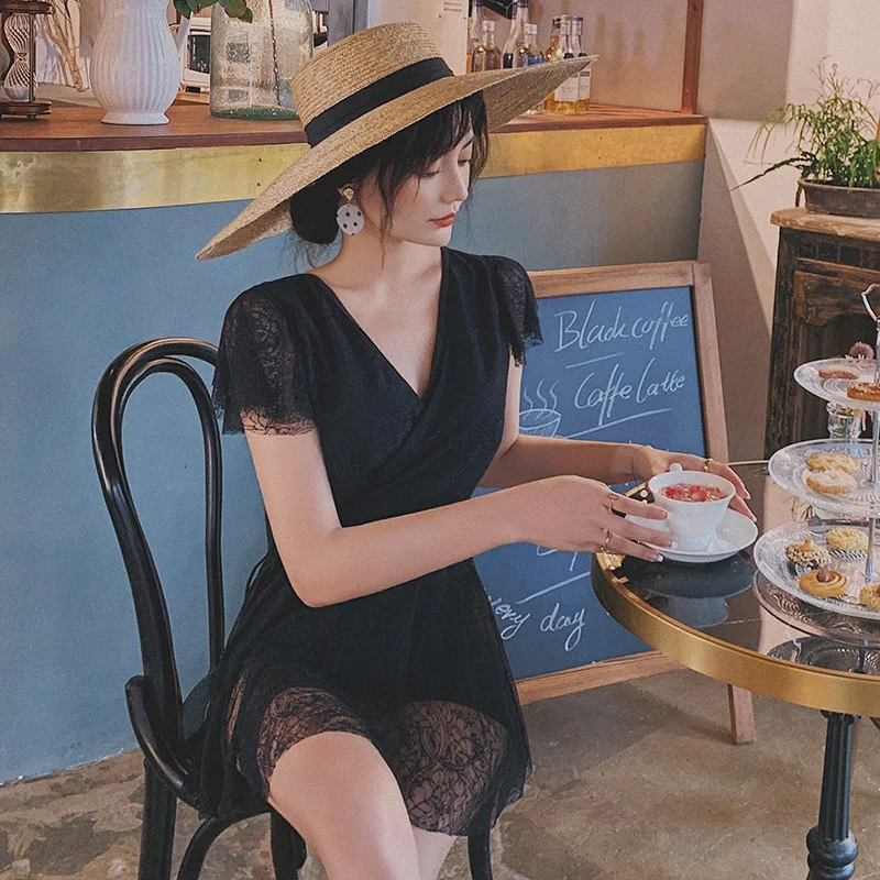 

Bathing Suit Female Small Bust Dress-Elegant Lace Slimming Belly Covering Spa Sexy INS Wind Holiday Tour Bathing Suit