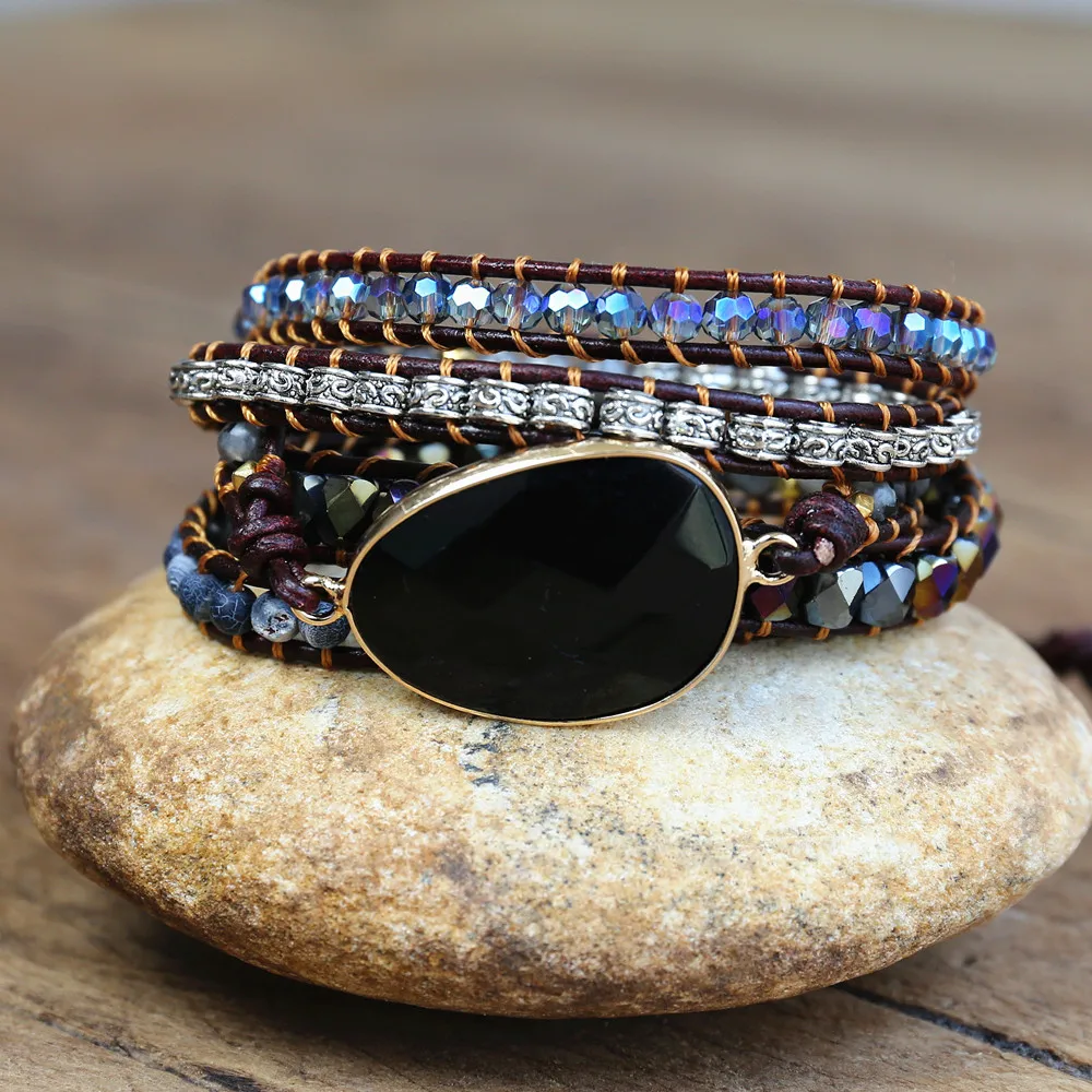 Handmade Jewelry Leather Bracelet Black Onyx Mix 5 Strands Woven Wrap Bracelet Women Beads Bohemia Charm Bracelet