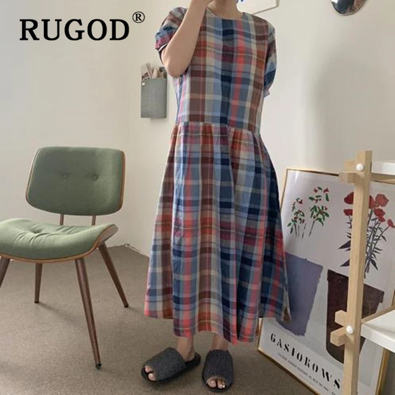 korean chic dress retro plaid long length dresses in stock now | Женская одежда