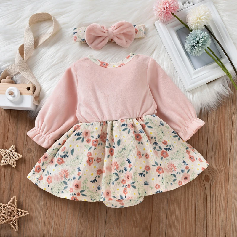 Newborn Girl Casual Romper Outfits Long Sleeve Floral Printed Patchwork Dress Style Playsuit + Bow-Knot Decor Headband Set | Детская