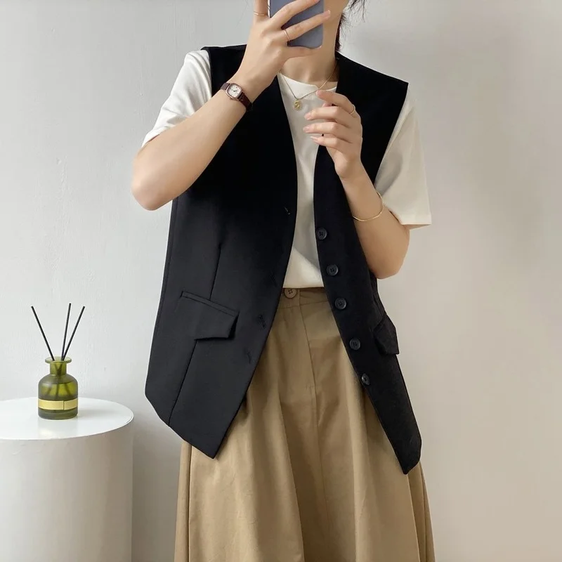 

Vests Women Fashion Solid All-match Leisure Sleeveless Summer Casual Female British Style Breathable V-neck Retro Streetwear Fit