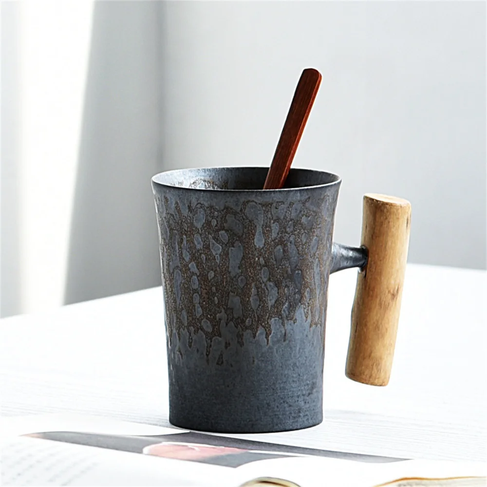 

Japanese-style Vintage Ceramic Coffee Mug Tumbler Rust Glaze Tea Milk Beer Mug With Wood Handle Water Cup Home Office Drinkware