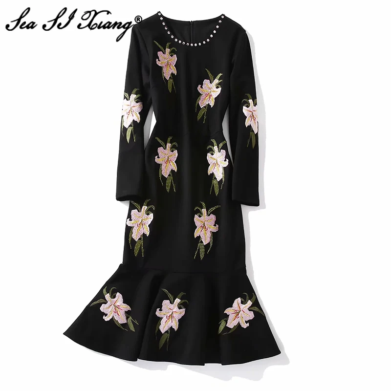 

Женское винтажное платье с юбкой-годе, круглым вырезом и длинным рукавом