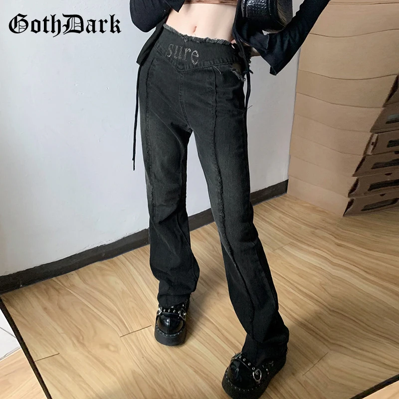 

Goth Dark Sexy Cut Out Gothic Women Black Jeans Grunge Bandage High Waist Letter Printed Pants Fashion Emo Streetwear Trousers