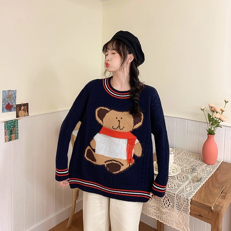 

HWLZLTZHT autumn new cartoon pattern sweaters women round neck long sleeve sweater pullovers for Women Loose Knitted Jumper