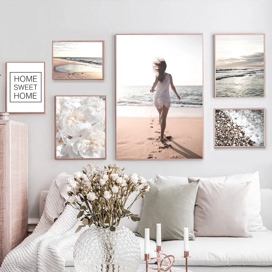 

Ocean Beach Girl Flower Stone Waves Quote Wall Art Canvas Painting Nordic Posters And Prints Wall Pictures For Living Room Decor