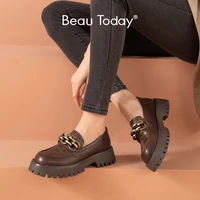 beautoday chunky loafers women genuine cow leather platform shoes round toe metal chain slip on ladies flats handmade 27748