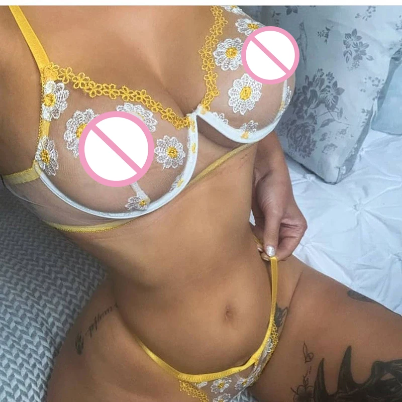 

Комплект женского нижнего белья из 2 предметов, прозрачный бюстгальтер, трусики, пикантное прозрачное ночное белье с цветочной вышивкой, ин...