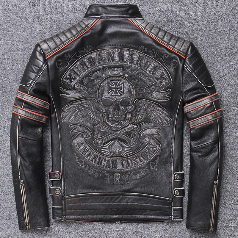 

Men's Leather Jackets Skull Embroidery Autumn Casual Motorcycle Genuine Jacket Biker Leather Coats