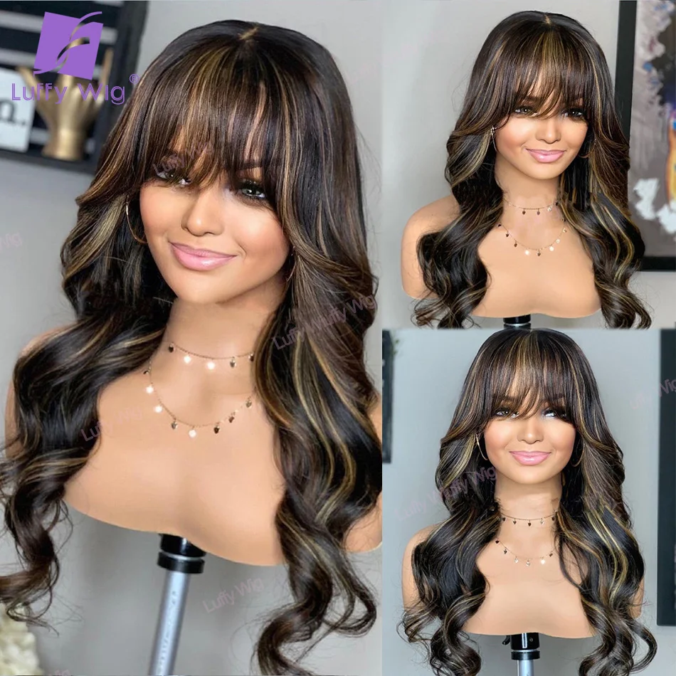 200 Density Highlight Wig Glueless Brazilian Remy Human Hair Wigs With Bangs Body Wave O Scalp Top Wig For Black Women LUFFY