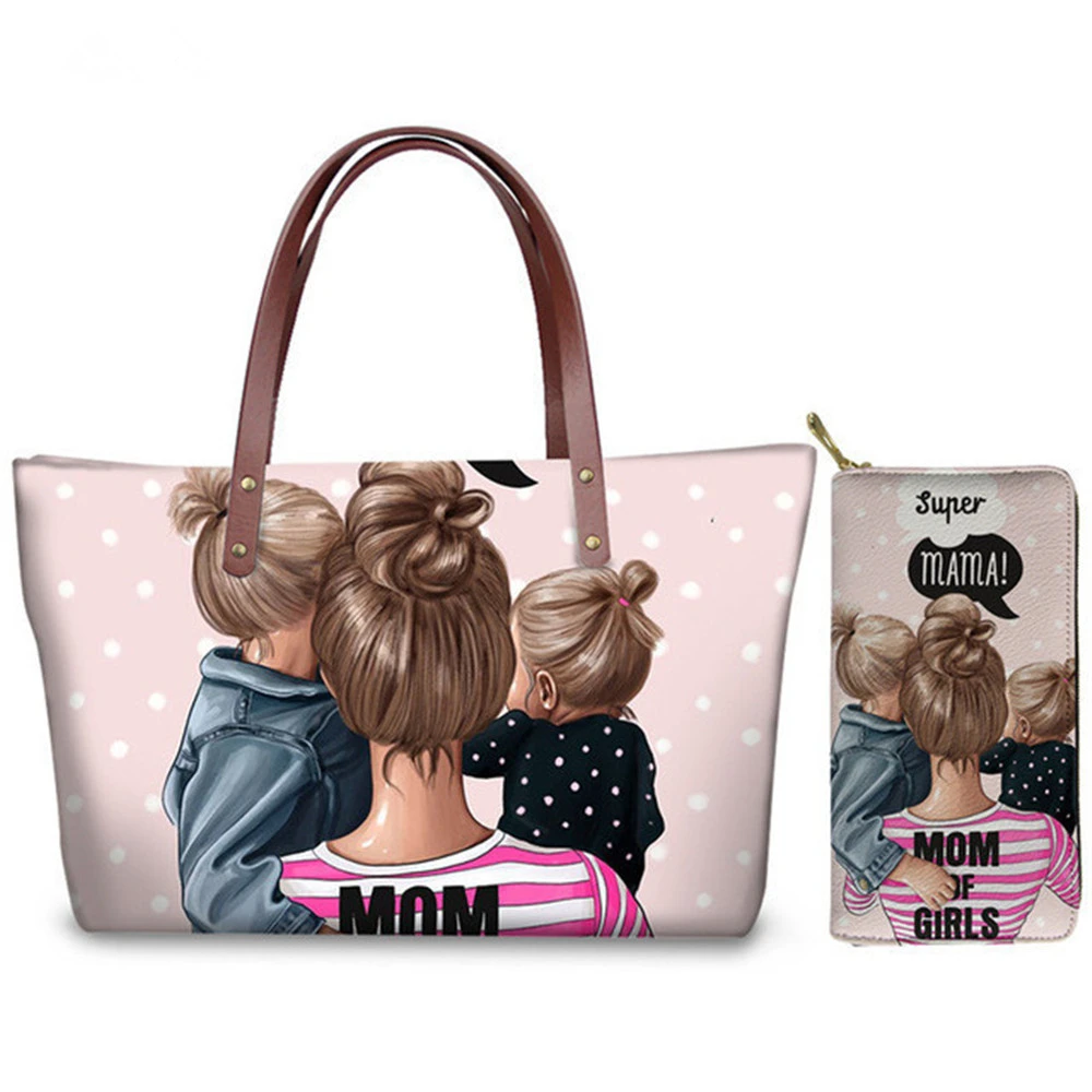 ELVISWORDS Luxury Design Women Handbags&Wallet Set Cartoon Super Mom Baby Print Beach Shoulder Bags Female PU Purse Bolsa Mujer