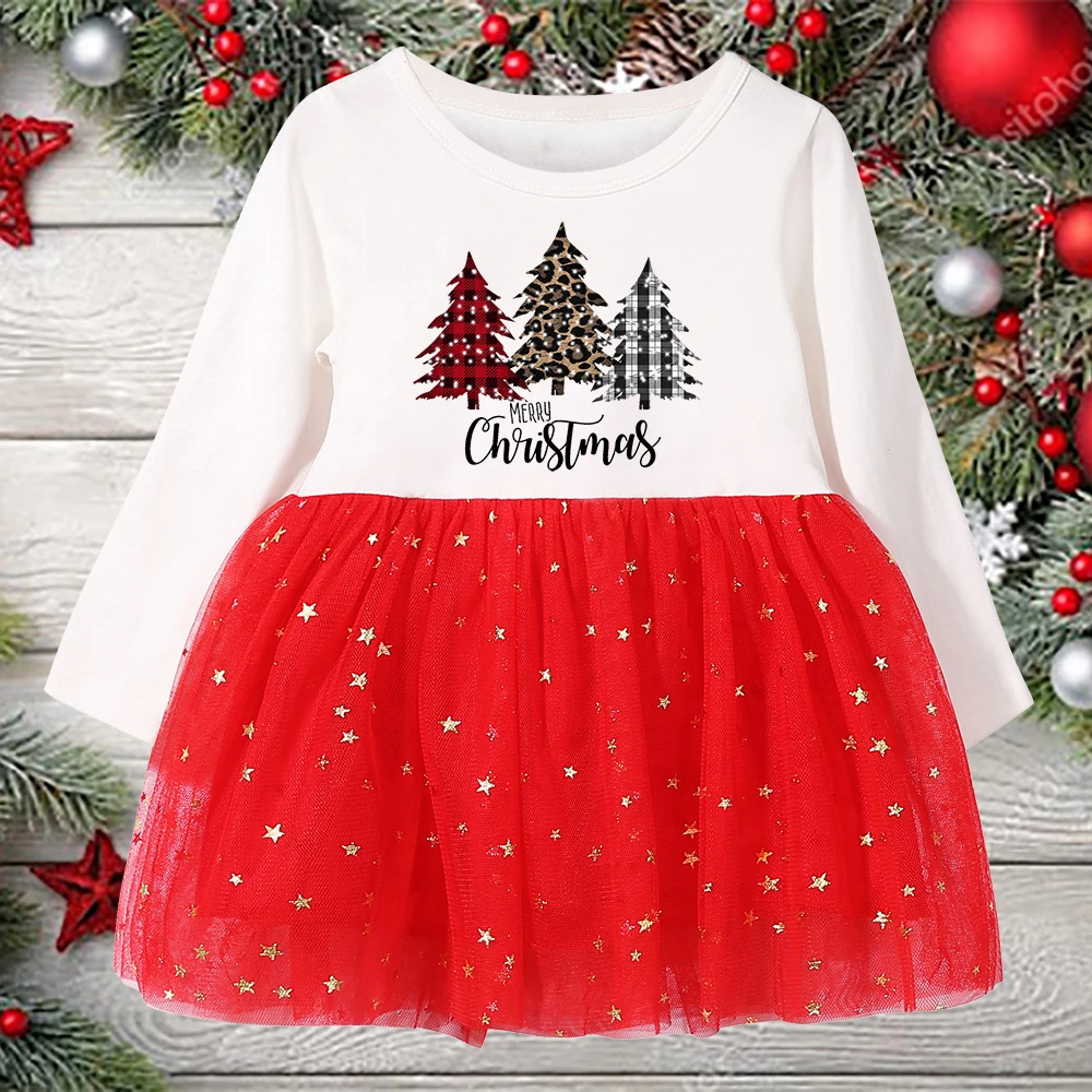 

Merry Christmas Girls Red Dresses Toddler Baby Newborn Long Sleeve Clothes Trees Print Xmas Outfits Holidays Gifts Tutu Girl