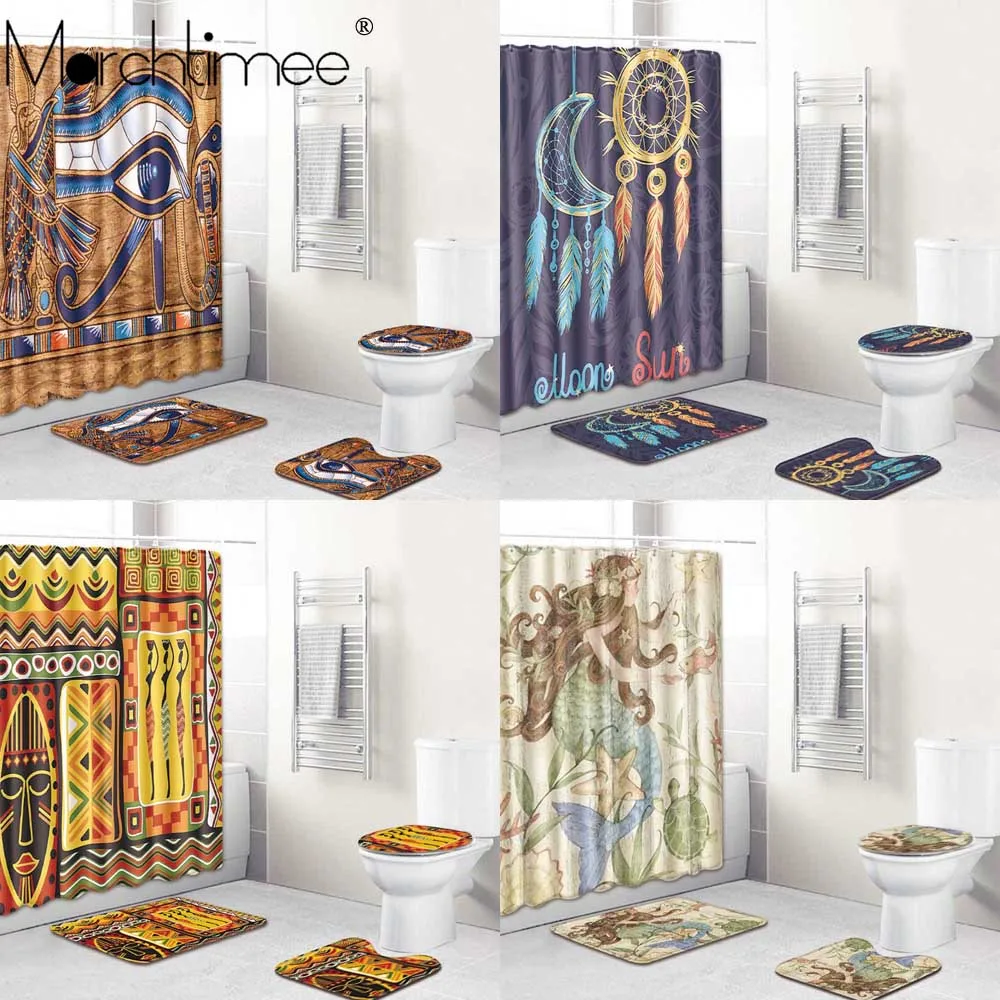 Египетская экзотическая занавеска для душа коврик унитаза ванной ткань Таро набор душевой занавески