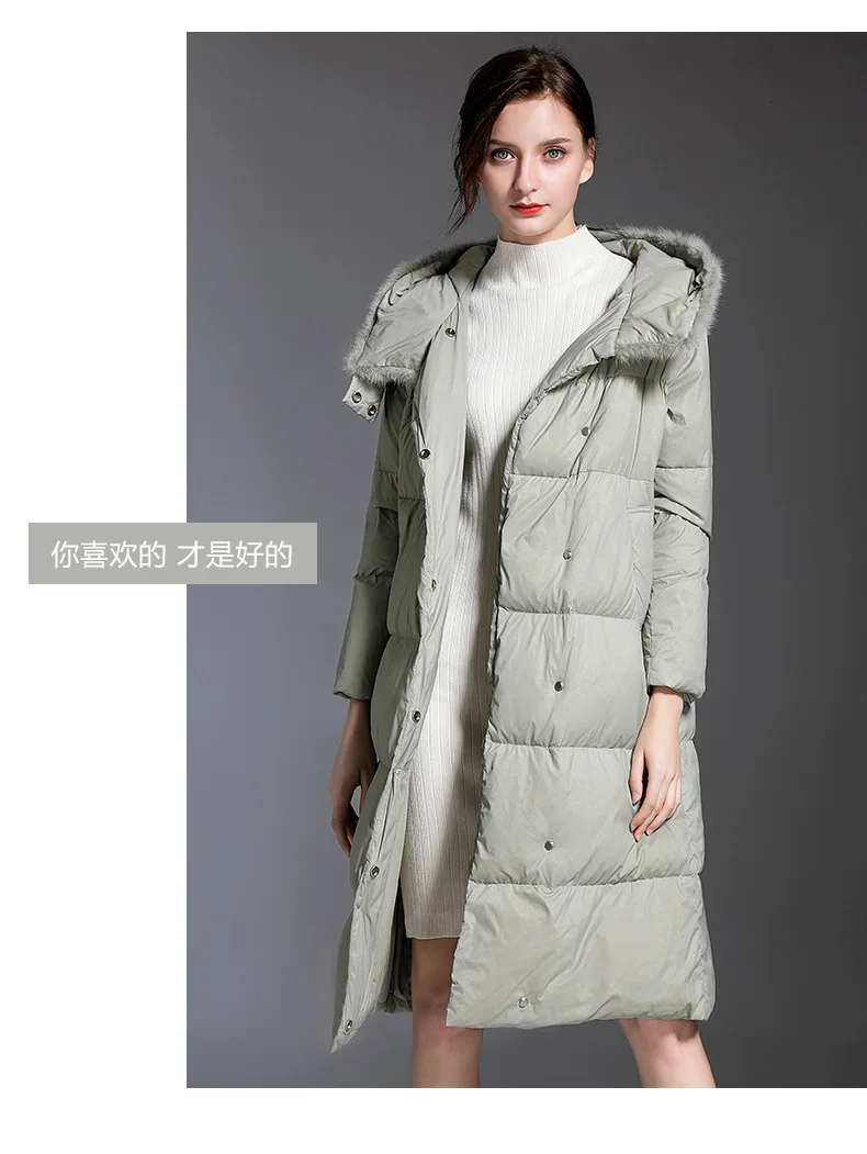 Over knee length down jacket female Euramerican style thick white duck down warm fashion down jacket hooded women 199007