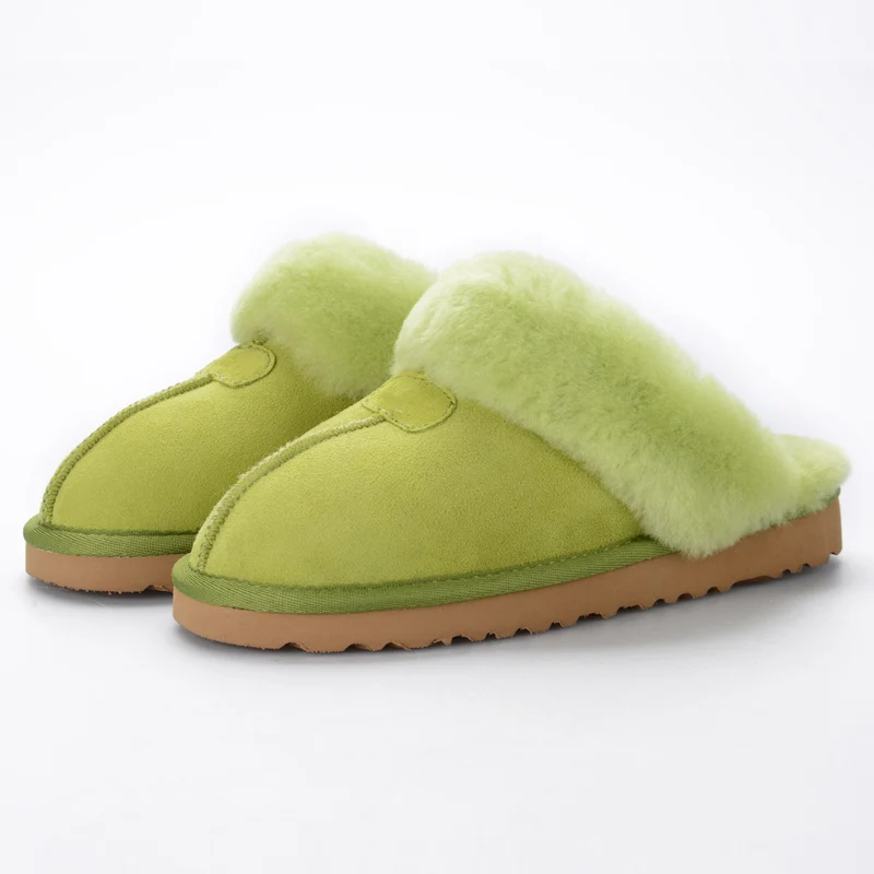 Apple Green Тапочки с натуральным овечьим мехом; Модные женские зимние тапочки; женские теплые домашние тапочки наивысшего качества из мягкой шерсти; женская домашняя обувь - Цвет: Apple Green