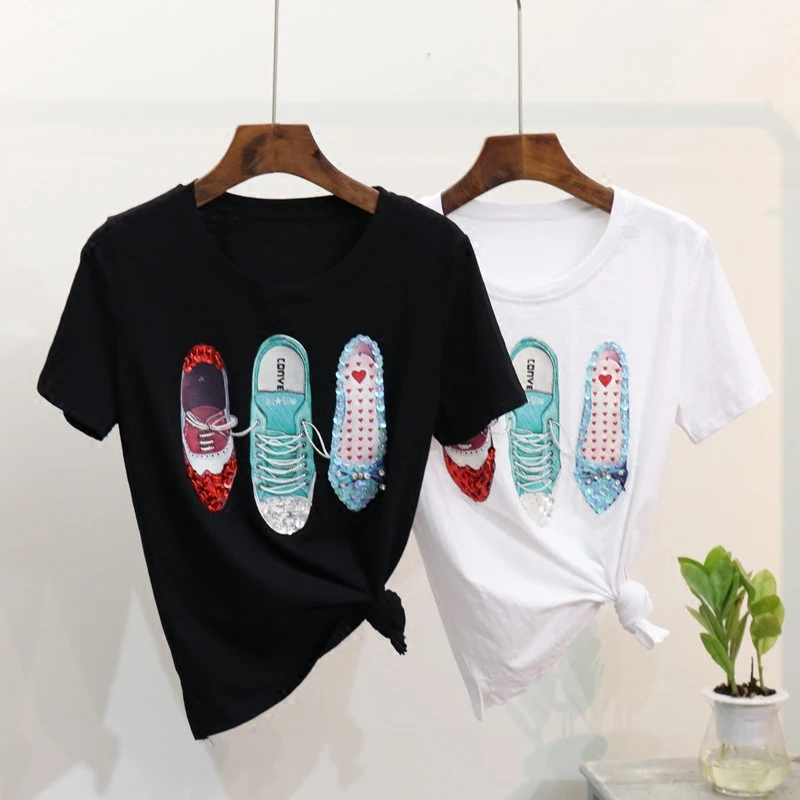 Новинка весна лето 2020 женская обувь с блестками и бисером свободная футболка