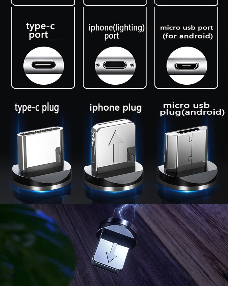 Магнитный кабель Micro USB/Type-C 1 м со светодиодной подсветкой для быстрой зарядки