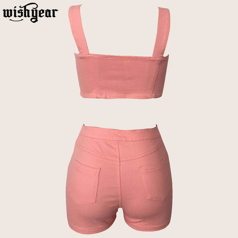 

Wishyear Women Fashion Jeans Two Piece Set Buttons Spaghetti Straps Crop Top + Skinny Shorts Sexy Casual Denim Suit Club Outfits