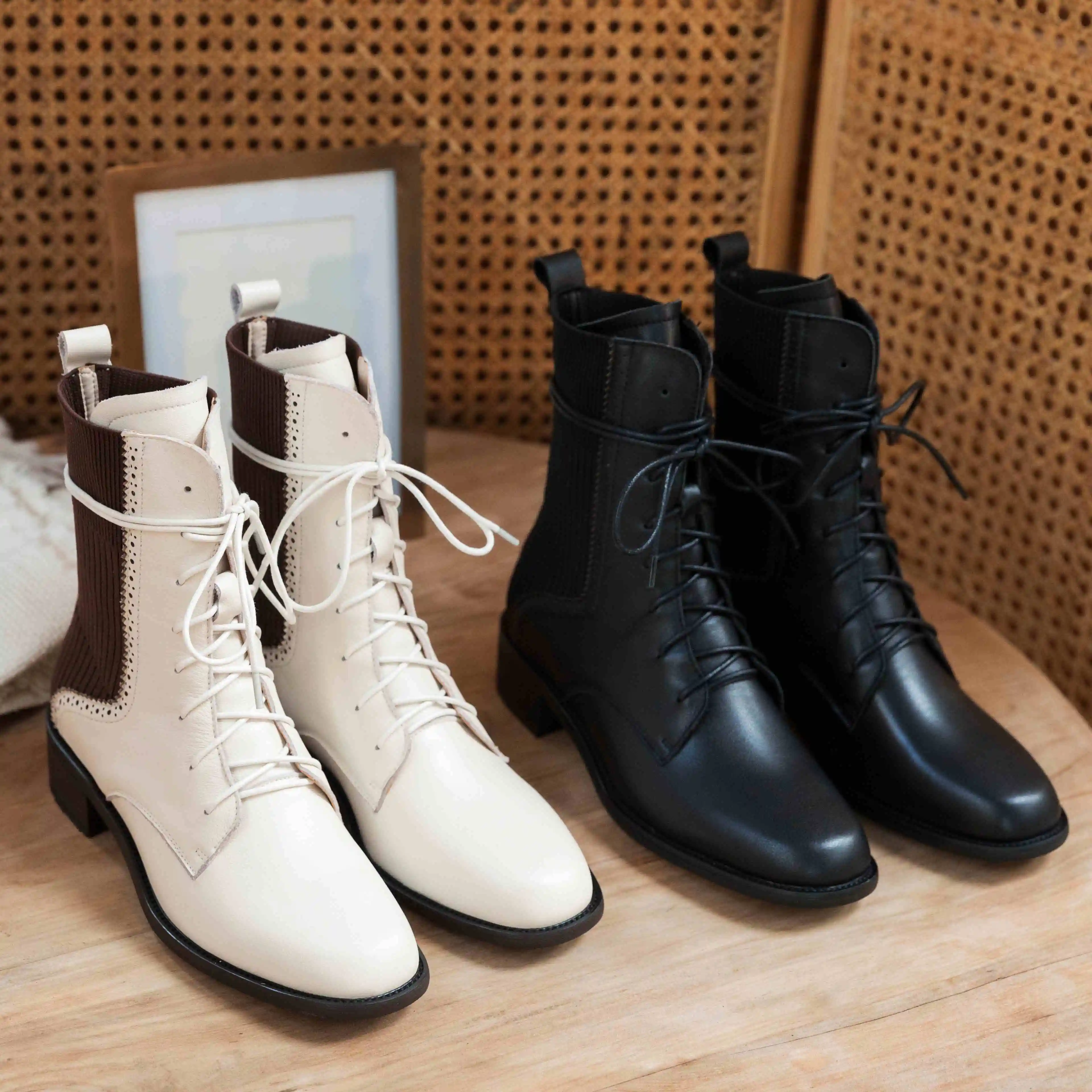 

Krazing pot stretch boots genuine leather knitting patchwork round toe thick med heel lace up leisure daily wear ankle boots L75