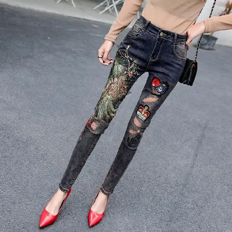 

Winter New Plush Jeans Phoenix High Waist Show Thin Versatile Small Foot Fashion Top 2020 New Women's Tight Embroidery Fit Type