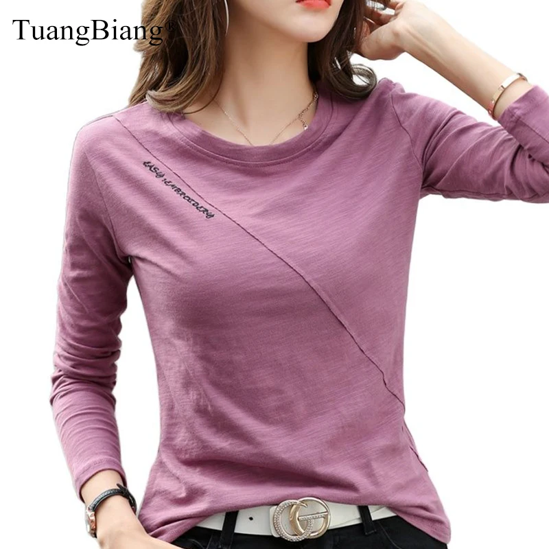 

Spring 2022 Long Sleeve Letter Embroidery Cotton Women Tee-shirt O-Neck Ribbed Black Tshirt Femme Casual Comfortable Basic Tops