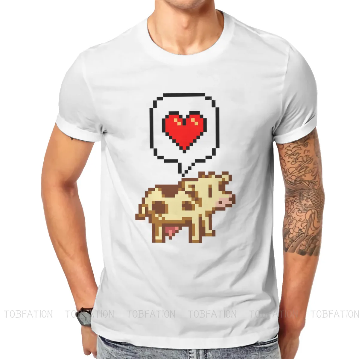 

Pixel Cow Love футболка, винтажная графическая Высококачественная футболка, свободная уличная одежда с круглым вырезом