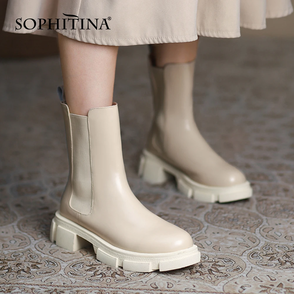 

Женские ботинки-Челси SOPHITINA, натуральная кожа, круглый носок, квадратный каблук, Нескользящие, без застежки, офисная обувь, WO399