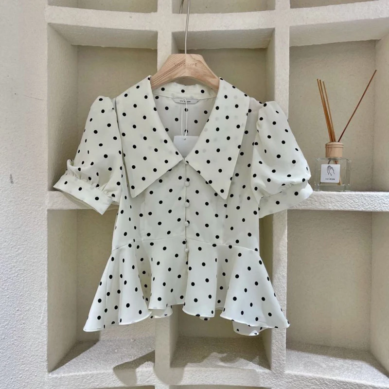 

Summer Gentle Turn-Down Collar High Waist Blouse Girl Casual Sweet 2021 Basic OL Streetwear Polka Dot Short Sleeve Shirt