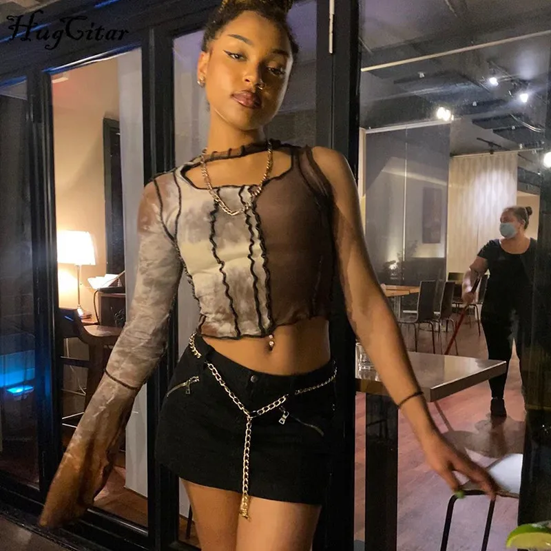 

Hugcitar 2020 single sleeve patchwork cut out sexy crop top autumn winter women fashion streetwear outfits y2k tshirts