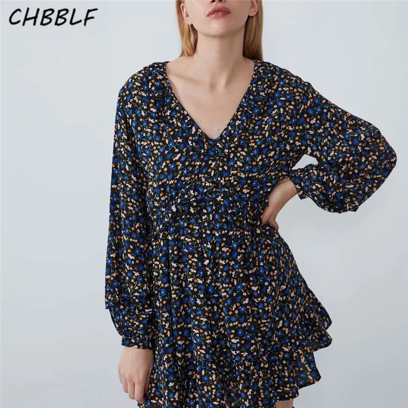 

CHBBLF женское мини-платье в стиле ретро с цветочным рисунком, v-образный вырез, боковая молния, длинный рукав, женские плиссированные повседне...