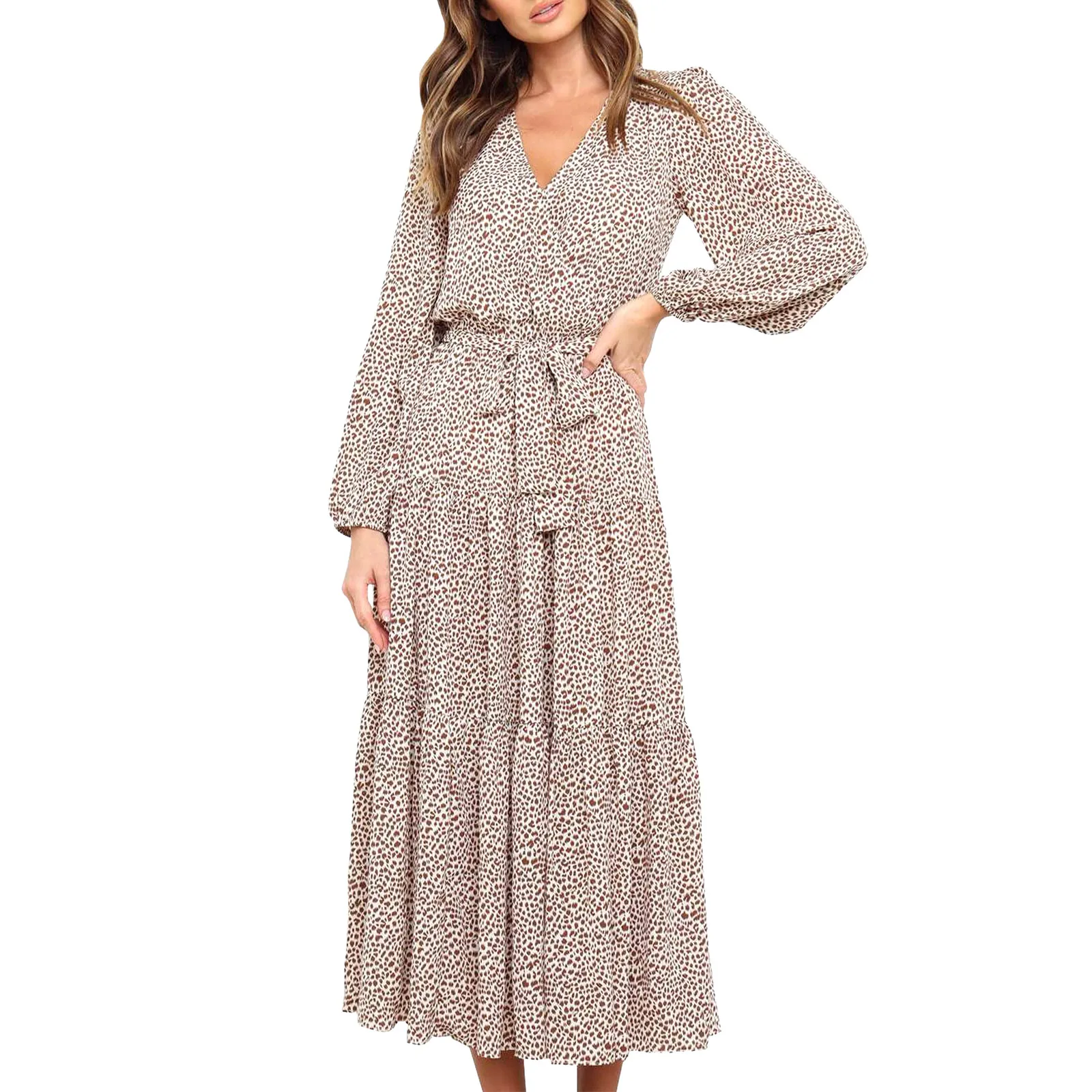 

Женское длинное платье с леопардовым принтом, повседневное свободное платье с V-образным вырезом и длинным рукавом