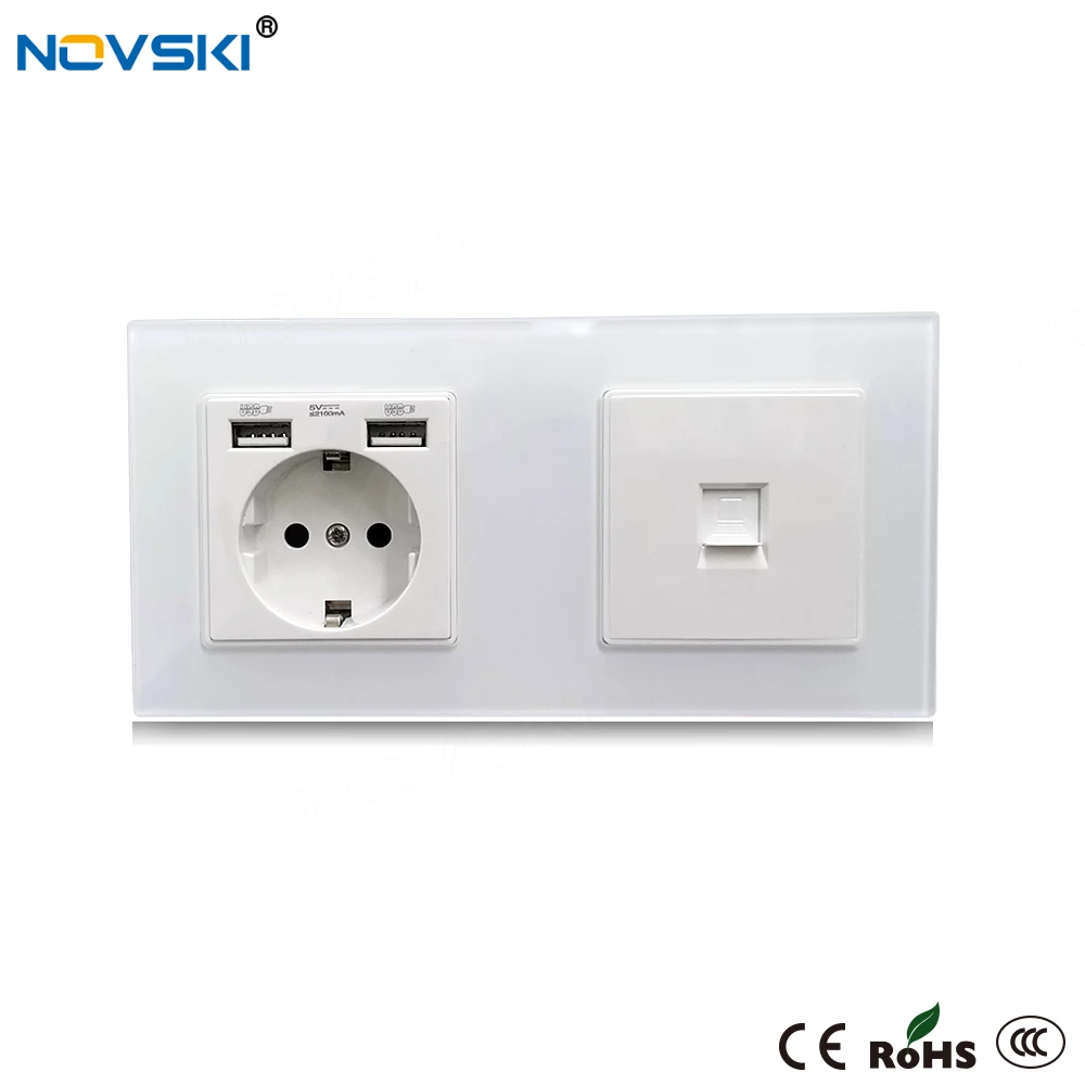 NOVSKI Настенная розетка USB Cat 6 10 Гбит / с COM-разъем Панель данных из хрусталя