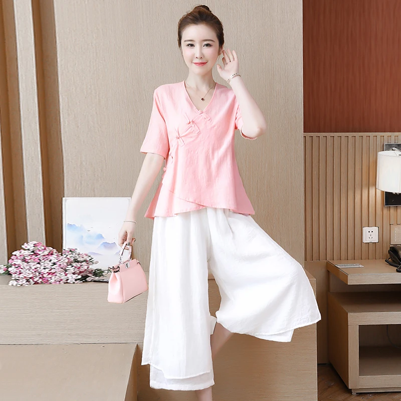 

Традиционная китайская одежда для женщин, льняная рубашка ханьфу, восточные топы, блузка, свободные широкие штаны, брюки, униформа