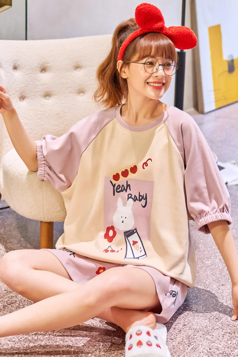 

Summer Fashion Pink Patchwork Short Sleeve Pajamas Sets Cartoon Kawaii Girls Sleepwear For Women Korean Cotton O-Neck Homewear