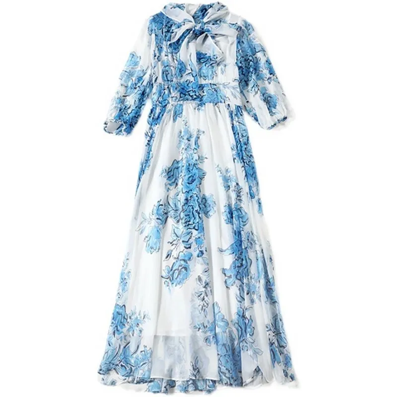 

2021 summer fashion high-quality runway fashion designer Maxi long dress women's five-point sleeve blue floral print casual long