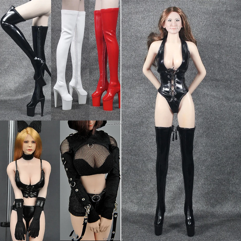 

1/6 Scale Hollow Super High Inside Long Zipper Boots Shoes Black Lace Hollow Dress Sexy Leather Clothes for 12'' Female Body