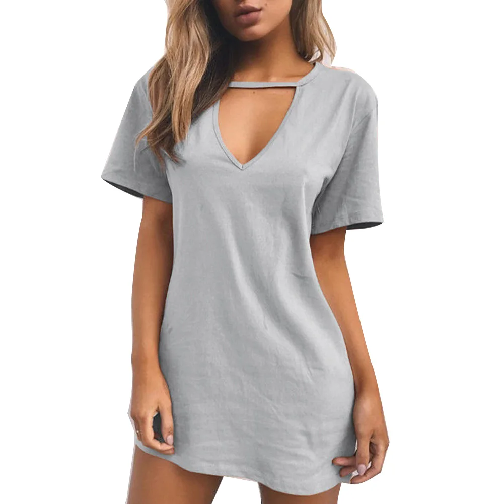 Женское однотонное платье-футболка с V-образным вырезом и коротким рукавом из