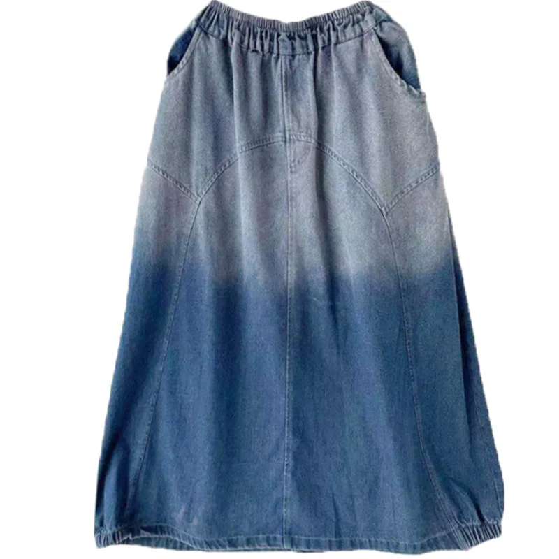 

NINI WONDERLAND 2021 Summer Cotton Gradient Denim Skirt Mori Girl Style Women A-line Vintage Skirt Elastic Waist Casual Skirts