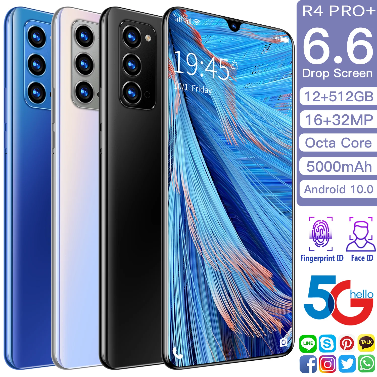 

R4 Pro+ 2021 Newest Snapdragon 865 Mobile Phone 6.6 Inch 5000mAh Dual Card 32MP Deca Core 12G 512G Cellphone 5G Network
