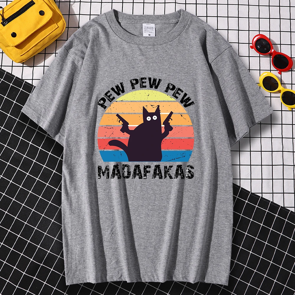 

Футболка Pew Madafakas мужская с принтом в виде черной кошки, винтажная Свободная рубашка, модная дышащая одежда с рукавом до локтя, на лето