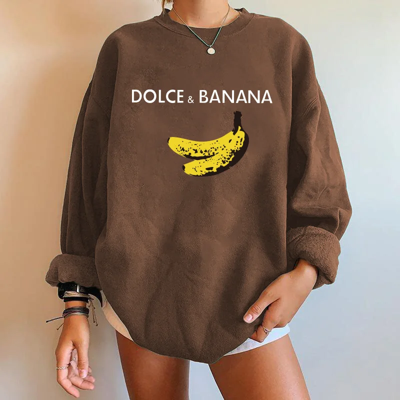 Banana Print Women Sweatshirts Streetwear Round Neck Long Sleeve Drop Shoulder Loose Winter Woman Sweatshirts Moletom