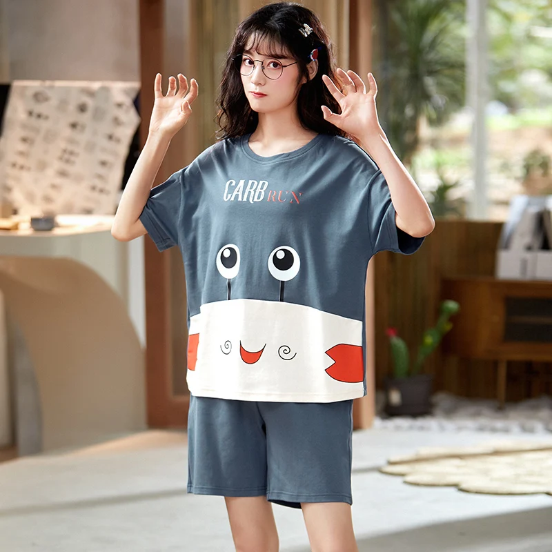 

ATUENDO Summer Kawaii Pajama Sets for Women 100% Cotton PJS Cute Blue Soft Sleepwear Fashion Satin Silk Solid Lounge Nightwear