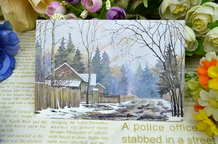 Русская зима пейзаж иллюстрация окрашенная открытка свежая коллекция