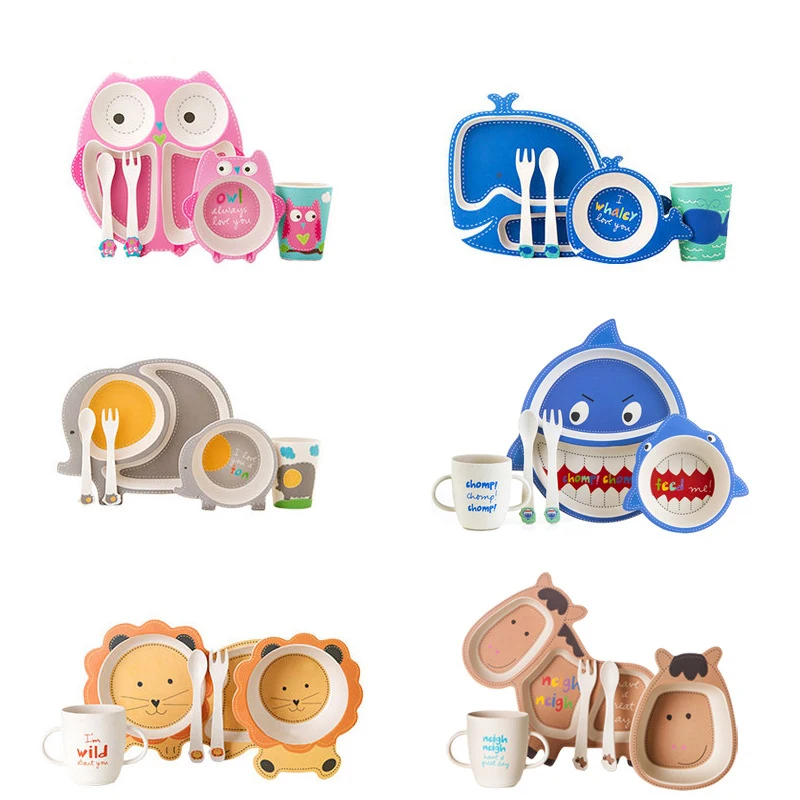 5Pcs/set Eco-friendly Bamboo Fiber Baby Plate Dishes Children Tableware Set Dinnerware Feeding Bowl Separation C1252 e | Дом и сад