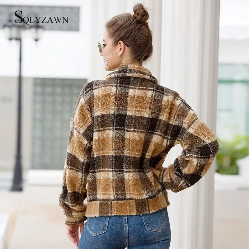 Женское теплое шерстяное пальто в клетку повседневное флисовое цвета хаки и