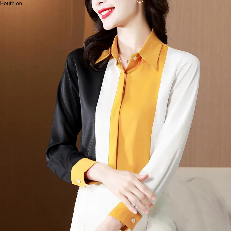 

Silk Satin Loose Women's Shirts New Fashion Blouses Casual Long Sleeve Blusas Splicing Polo Shirts Autumn Houthion